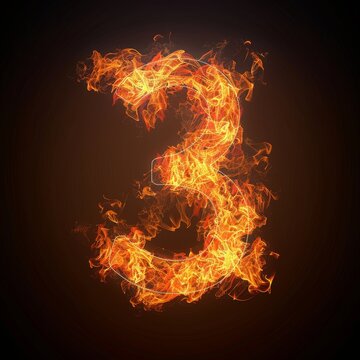 Number 3. Fire flames on black isolated background. Part of number set.