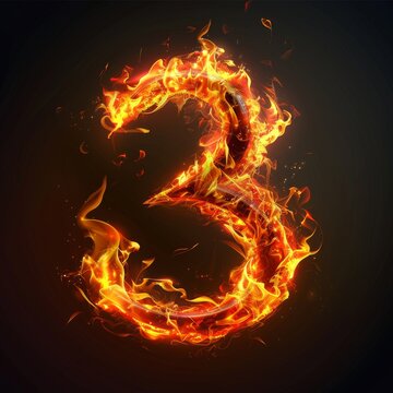 Number 3. Fire flames on black isolated background. Part of number set.