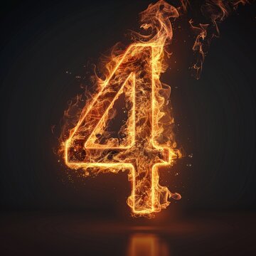 Number 4. Fire flames on black isolated background. Part of number set.