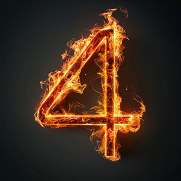 Number 4. Fire flames on black isolated background. Part of number set.