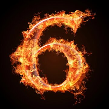 Number 6. Fire flames on black isolated background. Part of number set.