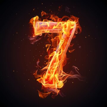 Number 7. Fire flames on black isolated background. Part of number set.