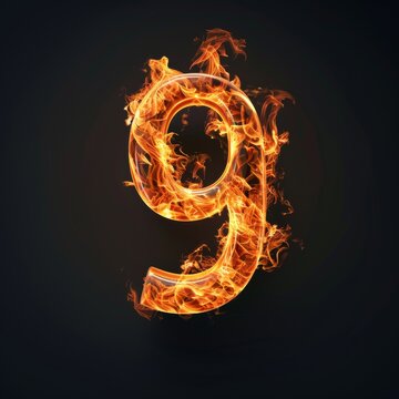 Number 9. Fire flames on black isolated background. Part of number set.