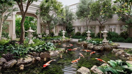 Wall Mural - Serene Garden with Koi Pond and Lush Vegetation