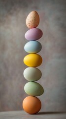 Poster - Stack of colorful eggs in vertical alignment, pastel tones. Easter decoration and balance concept