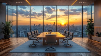 A modern office meeting room with a city view, creating a dynamic environment for productive business discussions.