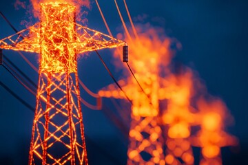 Poster - Illuminating power lines radiate energy in a dramatic display of light and motion against a twilight sky.