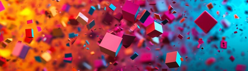 Poster - Vibrant abstract composition featuring colorful cubes floating in a dynamic space, blending orange and blue hues.