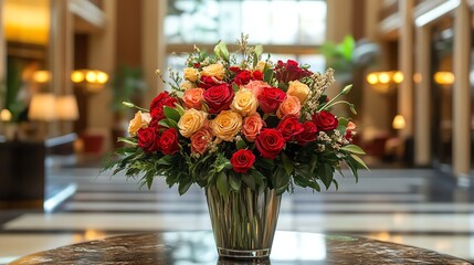 Poster - A bouquet of red and peach roses in a glass vase on a table in a hotel lobby.