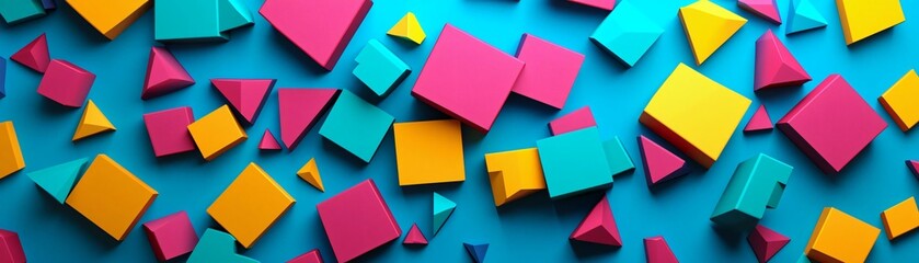 Poster - Vibrant geometric shapes in pink, yellow, and teal create a dynamic abstract background. Perfect for modern design projects.