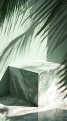 Poster - Marble block with palm leaf shadows on green wall, minimalistic aesthetic
