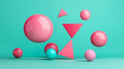 Poster - Colorful geometric shapes float against a vibrant teal background, creating a modern and playful abstract composition.