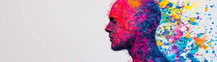 Poster - Creative silhouette of a human head with vibrant color splashes representing imagination and artistic expression.