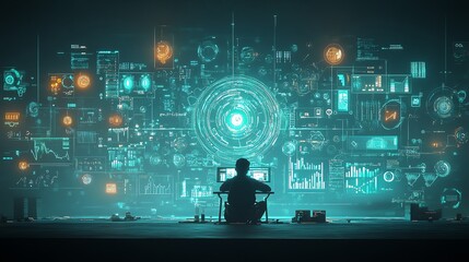 Poster - A futuristic financial analyst working with augmented reality data points, glowing blue screens in dark room, Futuristic, digital painting