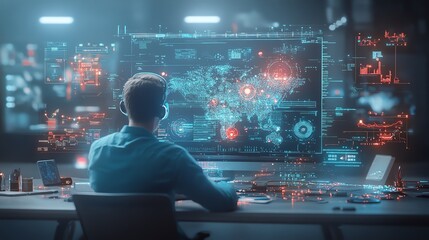 Poster - A futuristic financial analyst working with augmented reality data points, glowing blue screens in dark room, Futuristic, digital painting