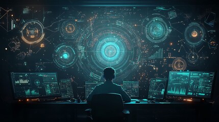 Poster - A futuristic financial analyst working with augmented reality data points, glowing blue screens in dark room, Futuristic, digital painting