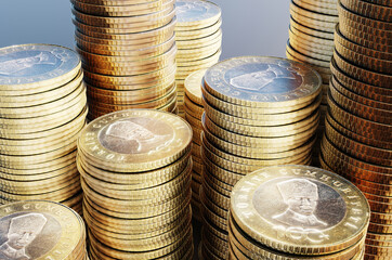 Close-up of a group of five Turkish lira coins. 3D rendering illustration.