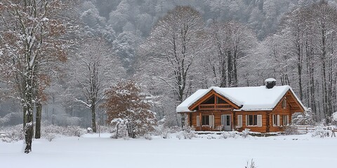 Poster - A cozy wooden cabin covered in snow stands peacefully in a snowy forest.