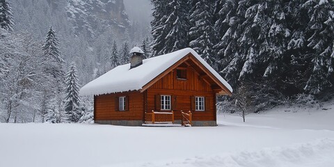 Poster - A cozy wooden cabin covered in snow, nestled among the trees in a winter wonderland.