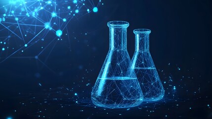 Poster - Two Beaker Flasks Constructed of Glowing Blue Lines and Dots on a Dark Blue Background
