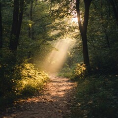 Wall Mural - Inspirational nature quote with a background of a peaceful forest path, dappled in sunlight, ideal for a serene Facebook post.