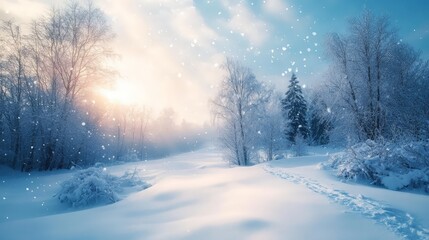 Wall Mural - A snowy landscape with a river and trees