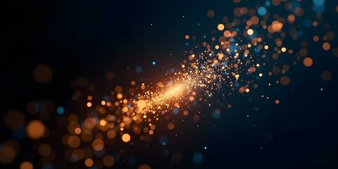 glittering golden and orange particles floating in the air against a dark background, creating a mag