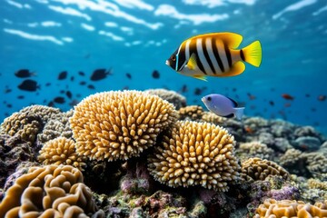 realistic image of a coral reef dying, with bleached coral and fish swimming in a lifeless ocean, sh