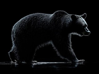 Silhouette of a black bear walking, isolated on a simple background, minimalist and bold design.