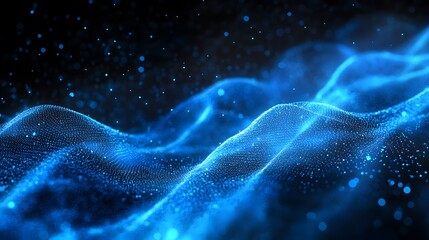 Poster - Abstract Blue Glowing Particles Forming a Wavy Surface