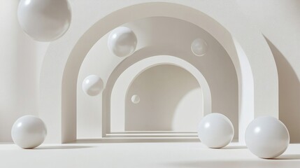 Poster - Abstract white arches with floating spheres in minimalistic space, modern architectural concept