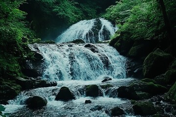 Wall Mural - A stream of water flows through a lush green forest