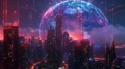 Sticker - Futuristic city skyline with a glowing digital globe overlay at sunset