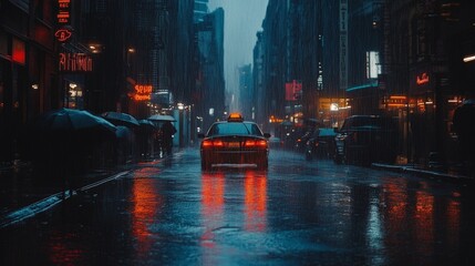 Poster - A city street with cars and a person walking in the rain