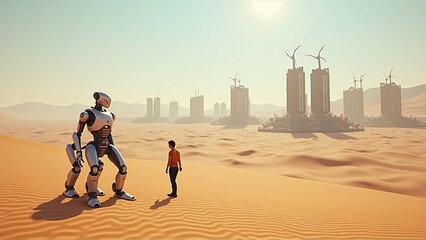 Canvas Print - a man and a robot in desert scifi movie