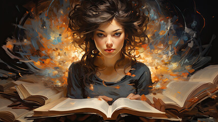 Wall Mural - Creative illustration of a young woman sitting in front of a book