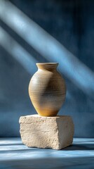 Poster - Ceramic vase on stone block with dramatic lighting, minimalist art concept