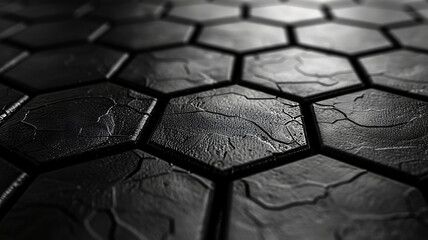 Poster - The intricate surface of hexagonal tiles reflects soft light, creating a mesmerizing pattern. The dark ambiance enhances the texture, evoking a sense of depth and artistry in design.