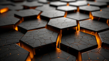 Poster - The ground is composed of interlocking hexagonal tiles, subtly illuminated by warm light from beneath. The cracked textures add depth, creating a mesmerizing atmosphere in a darkened space.