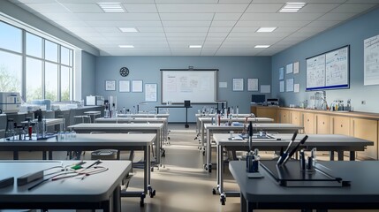 Poster - Empty Chemistry Classroom with Lab Tables and Equipment