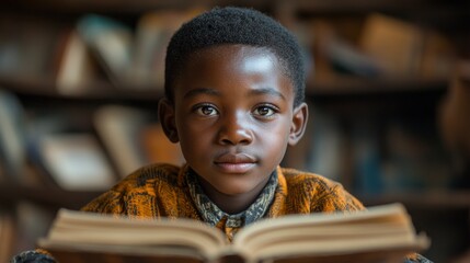 A young boy engrossed in reading a book in a classroom setting.