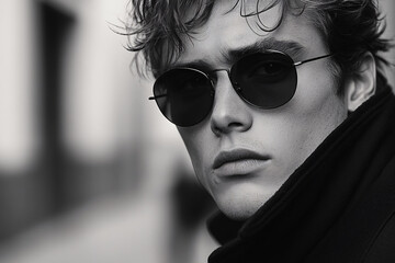 black and white portrait of a young man wearing sunglasses