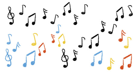 chalk textured music notes set. musical note sign treble clef. kids pencil textured symbols. freehan