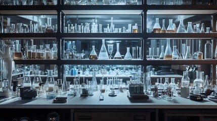 Poster - Glass beakers and flasks on shelves and tabletop in a laboratory setting.