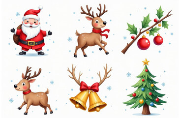 Wall Mural - Festive holiday illustrations featuring Santa Claus, reindeer, Christmas tree, and decorations for joyful celebrations