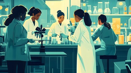 Poster - four female scientists working in a laboratory