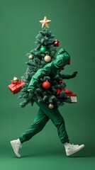whimsical holiday scene: person in green dinosaur costume playfully carries decorated christmas tree