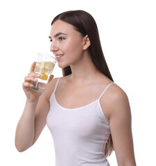 Poster - Woman drinking water with lemon on white background