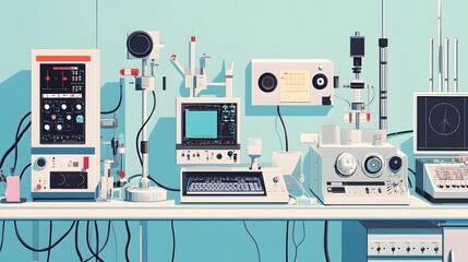 Poster - A Retro-Styled Laboratory Workstation with Various Scientific Equipment