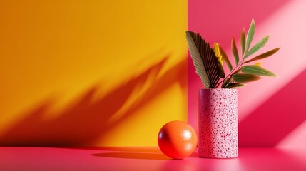 Poster - Y2K Inspired 3D Shapes with Grainy Gradient Texture featuring a pink vase with green leaves, an orange sphere, and a vibrant color palette.
